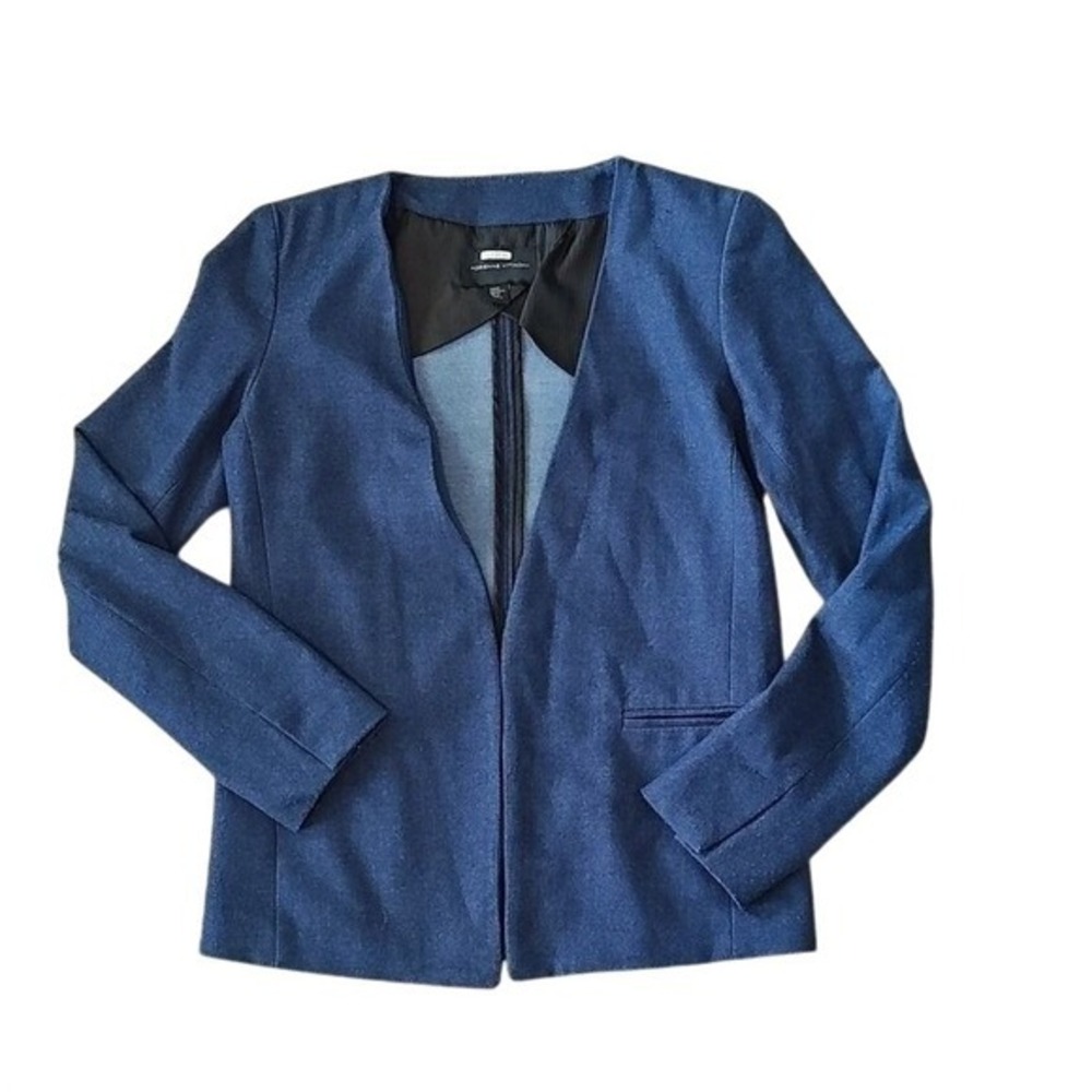 Adrienne Vittadini Women XS Blazer Jacket Blue Open Front Collarless Peplum XS